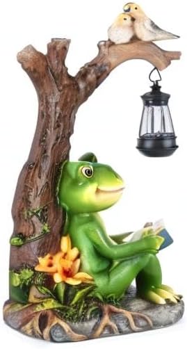 WENYLE Frog Figurine Garden Decor, Outdoor Resin Reading Frogs Statues with Solar Lantern, Funny Frog Solar Light Garden Statues Decoration for Patio Yard Lawn Porch Ornament
