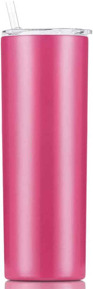 Double Wall 18/8 Stainless Steel Vacuum slim skinny tumbler with straw and lid, insulated travel mug keeping beverage cold and warm (rose pink, 20oz)
