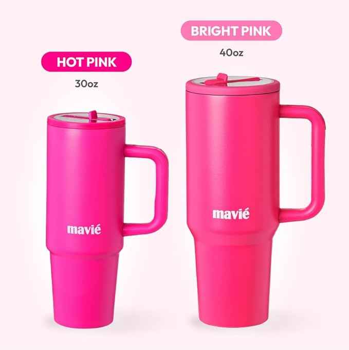 40oz Tumbler With Handle & Built-In Flip Straw, Double Insulated Stainless Steel Water Bottle With Leakproof Clear Lid, Scratch Resistant, Reusable Cup Holder Friendly Travel Coffee Mug (Pink)