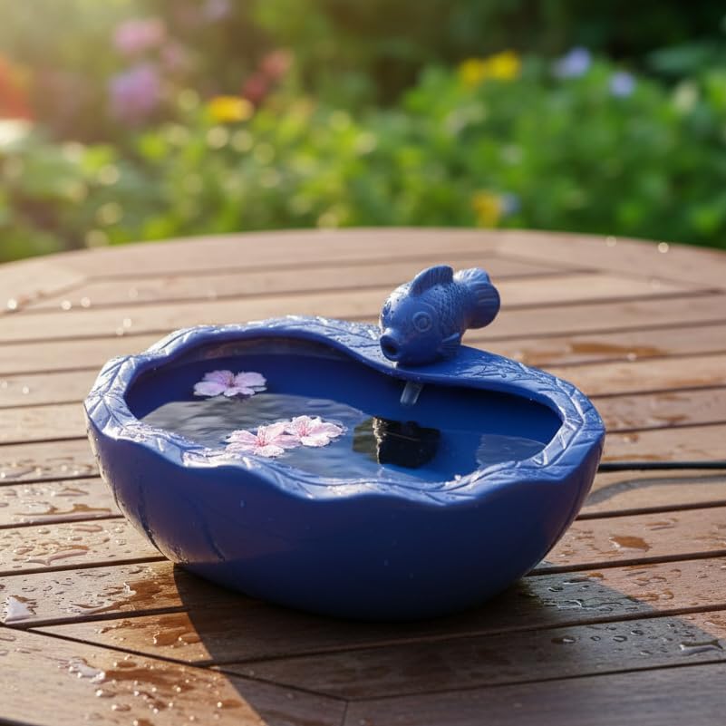 Solar Water Fountain, 11 inch Ceramic Koi Fountain, Blue Glazed Finish, Outdoor Solar Garden Fountain, Solar Powered Fountain for Garden, Tabletop, Balcony, Patio, Deck