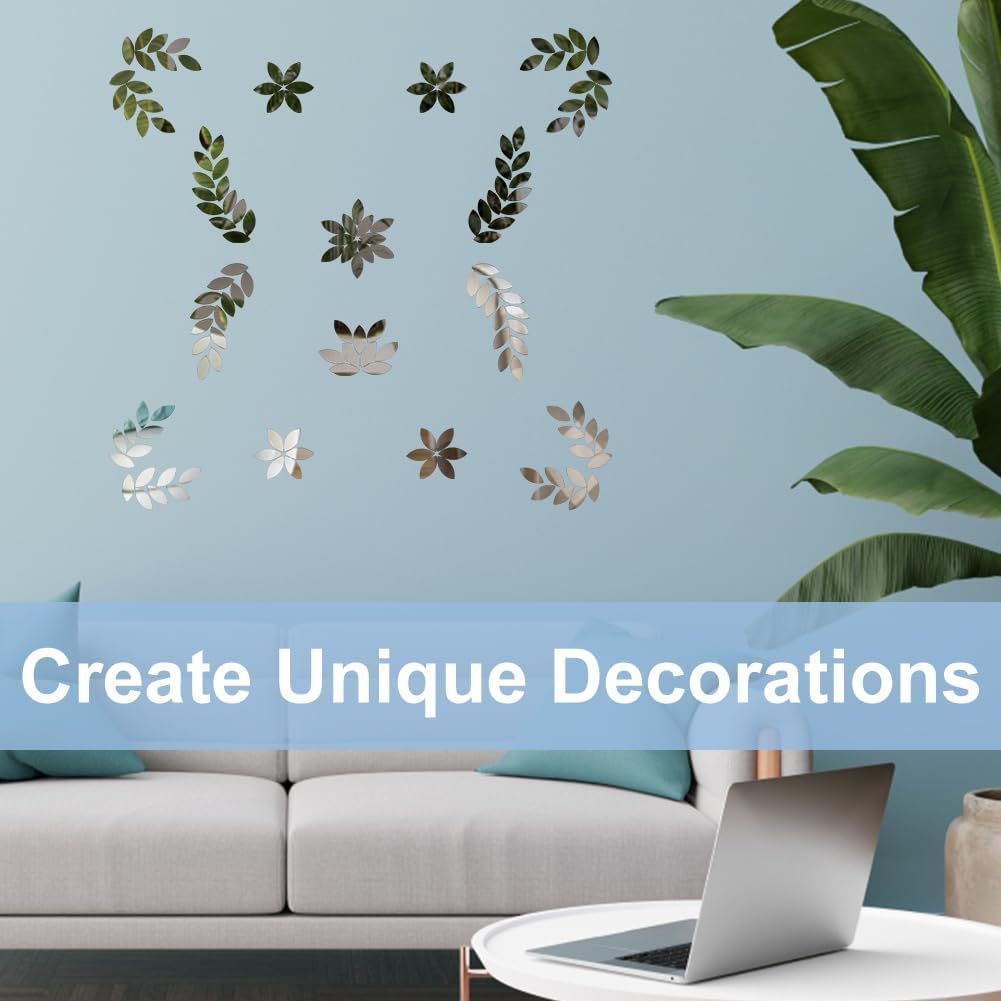 OLYCRAFT 150pcs Leaf Shape Craft Mirrors Mosaic Tiles 11x25mm Petal Mini Glass Mirror Tiles Leaf Cabochons Flower Leaves for DIY Crafts Art Wall Door Home Decorations