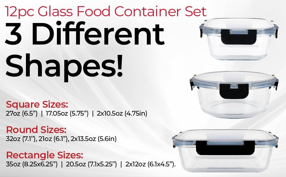 Magic Mill Premium Borosilicate Glass Food Storage Containers with lids Set | 24pc Sets with 12 Bowls & 12 Airtight Locking Lids for Lunch & Meal Prep, Safe for Oven, Freezer, Dishwasher, BPA-Free