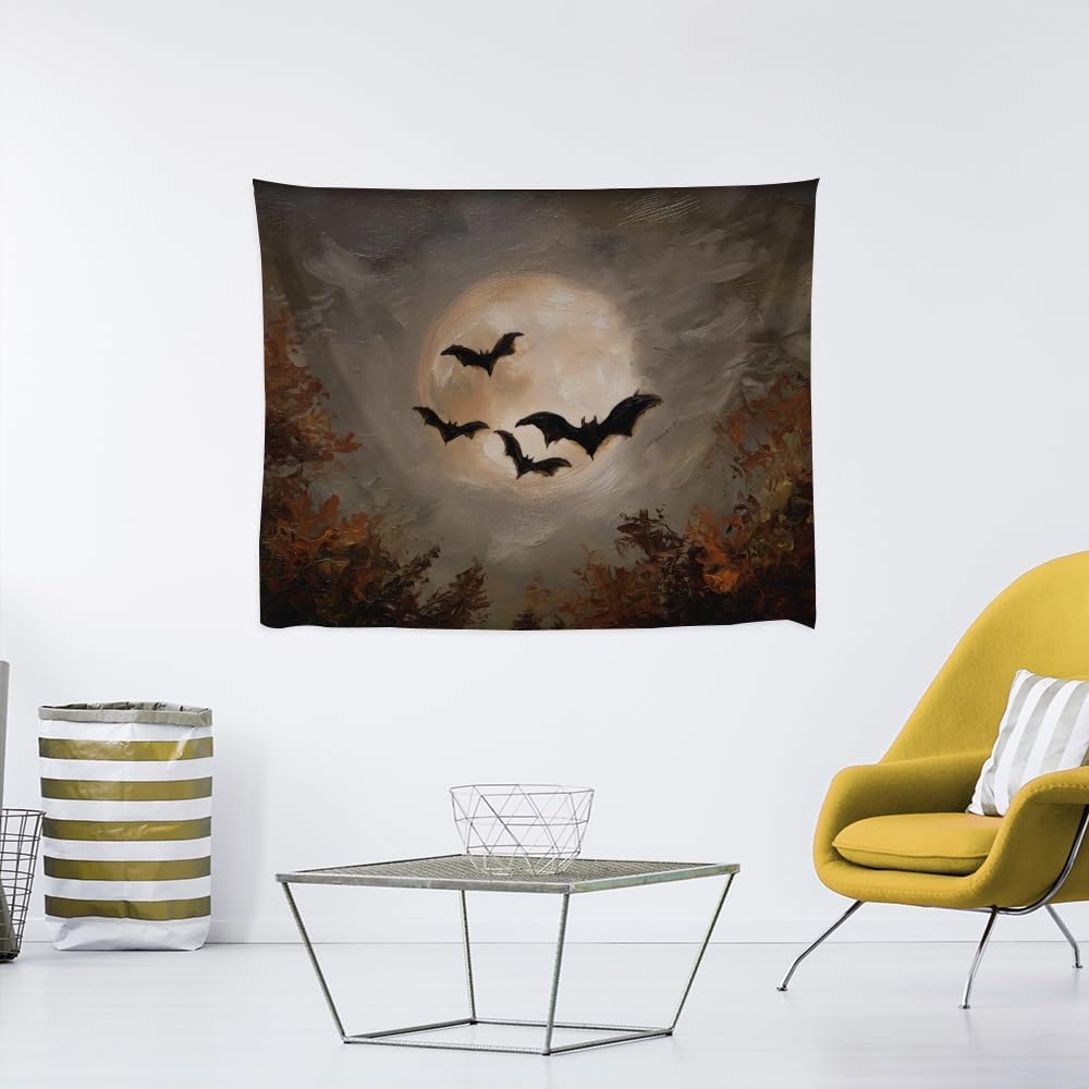 Spooky Halloween Bats Dark Academia Full Moon Autumn Leaves Wall Hanging Vintage Haunted Home Artwork Gothic Witchy Ghost Tapestries for bedroom Living Room Decor 30x40inch