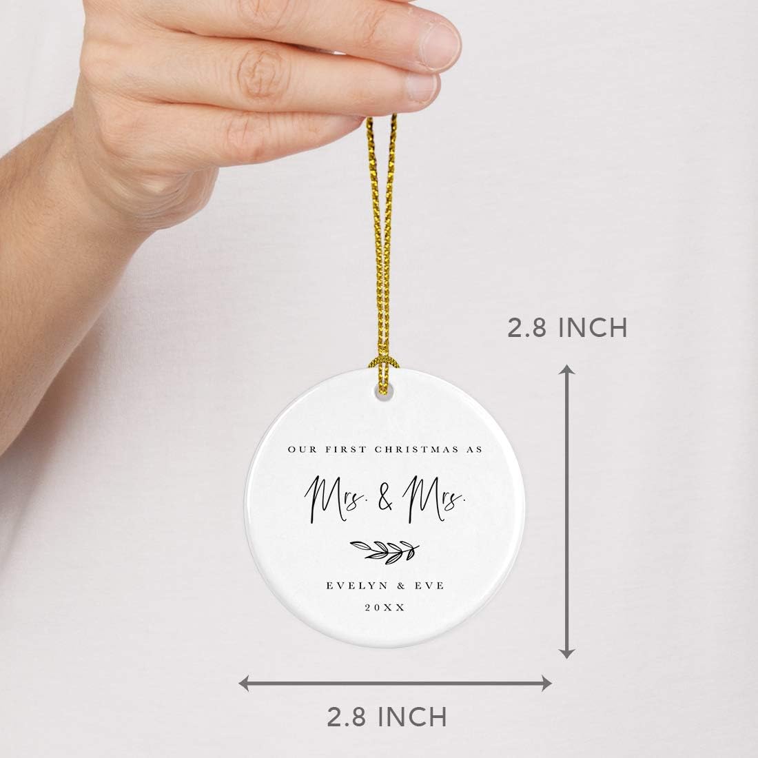 Andaz Press Personalized Lesbian Couple Wedding Round Ceramic Porcelain Christmas Engagement Keepsake Collectible Gift, Our First Christmas as Mrs. & Mrs, Helen & Eve 2025, Antique Handdrawn, 1-Pack