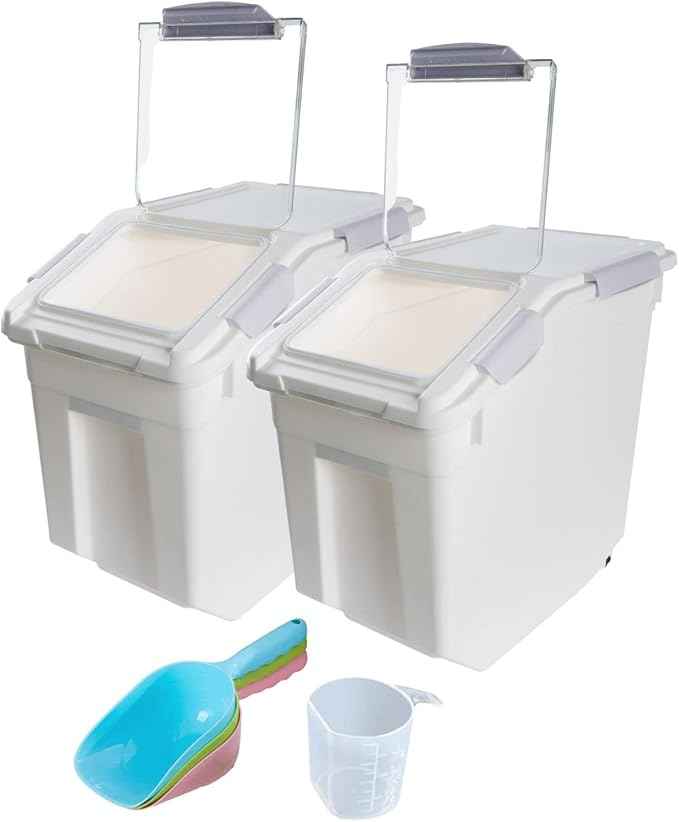 Saim Rice Container 25 lbs, Large Airtight Flour Storage Container with Wheels Measuring Cup, 2 Pack a Set BPA free Food Bin Grain Organizer Box for Dry Baking Supplies Kitchen Pantry Cereal (Gray)