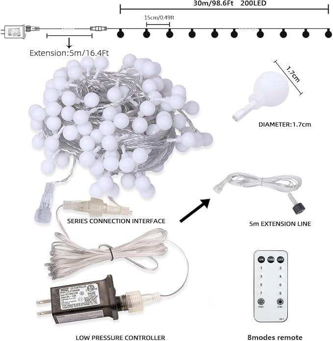 Multicolor Crystal Globe String Lights Plug in 116 Ft. 200 LED 8 Modes with Remote,Waterproof Fairy String Lights for Indoor Outdoor Bedroom Party Wedding Garden Christmas Tree Decor
