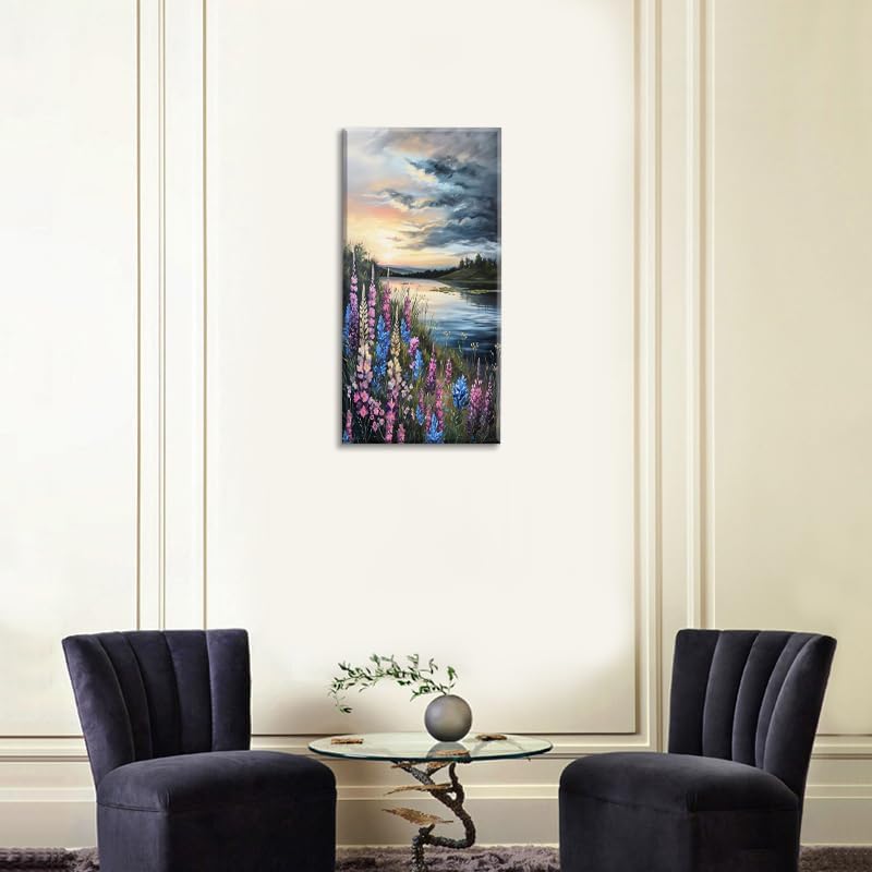 LASMOND Beautiful Colorful Grassland by Riverbank Landscape Wall Art Decor Artwork for Bedroom (20x40 Inches)