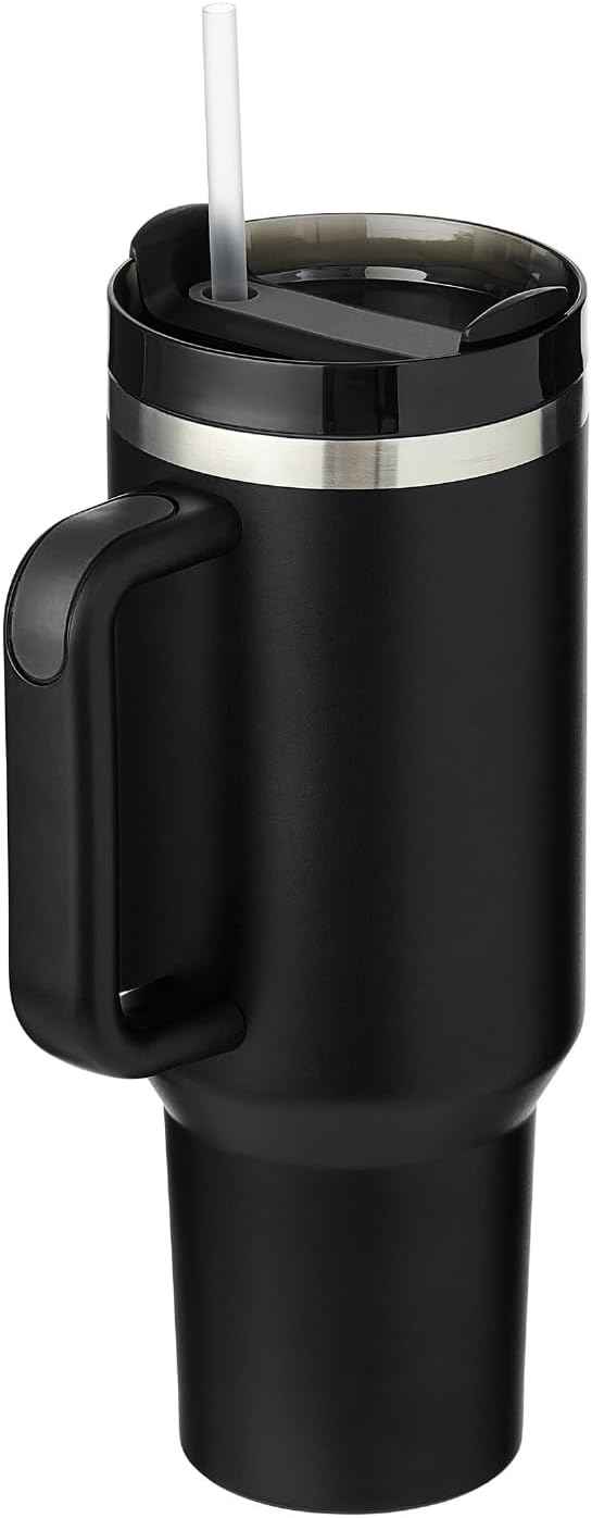 40oz Tumbler With Handle & Straw, Vacuum Insulated Stainless Steel Water Bottle With Leakproof Twist Sip Lid, Rubber Base, Dishwasher Safe, Cup Holder Friendly Travel Coffee Mug (Black)
