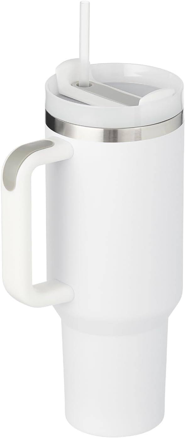 40oz Tumbler With Handle & Straw, Vacuum Insulated Stainless Steel Water Bottle With Leakproof Twist Sip Lid, Rubber Base, Dishwasher Safe, Cup Holder Friendly Travel Coffee Mug (White)