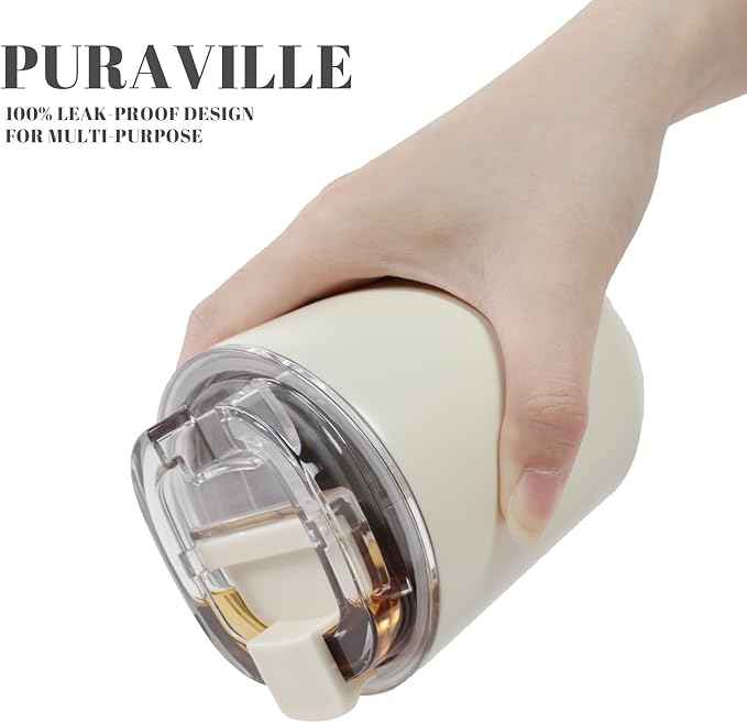 Puraville 2 Pack Insulated Tumblers with Lid, 10 oz Travel Coffee Mug Stainless Steel Vacuum Cup, Leak Proof Double Walled Coffee Tumbler for Iced and Hot Drinks, Peacock Blue and Cream