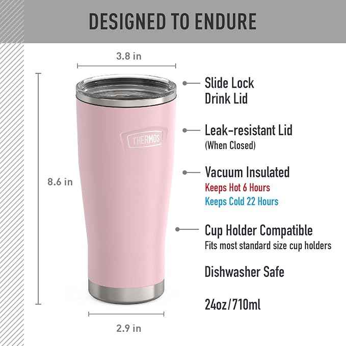 THERMOS ICON SERIES, Stainless Steel Cold Tumbler with Slide Lock, 24 Ounce, Sunset Pink