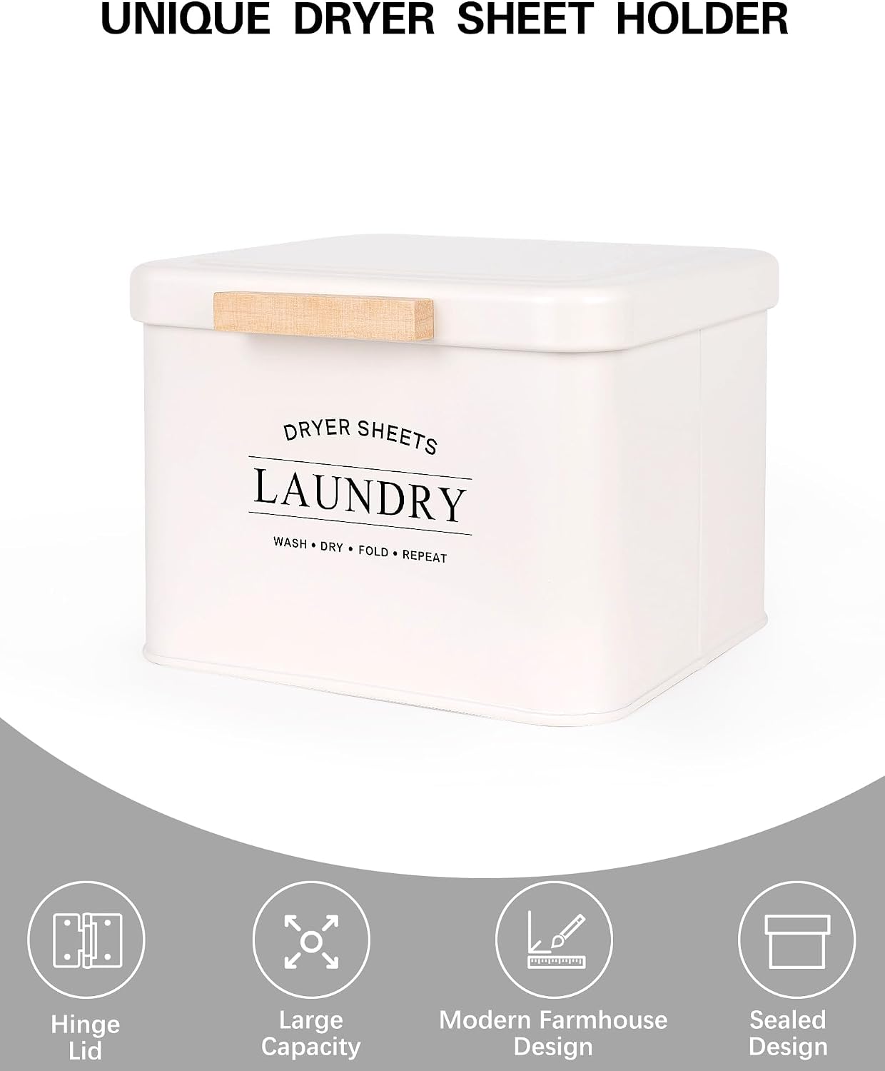 Dryer Sheet Holder with Hinged Lid for Laundry Room Organization, Metal Farmhouse Dryer Sheet Container, Laundry Room Decor and Accessories (Cream)