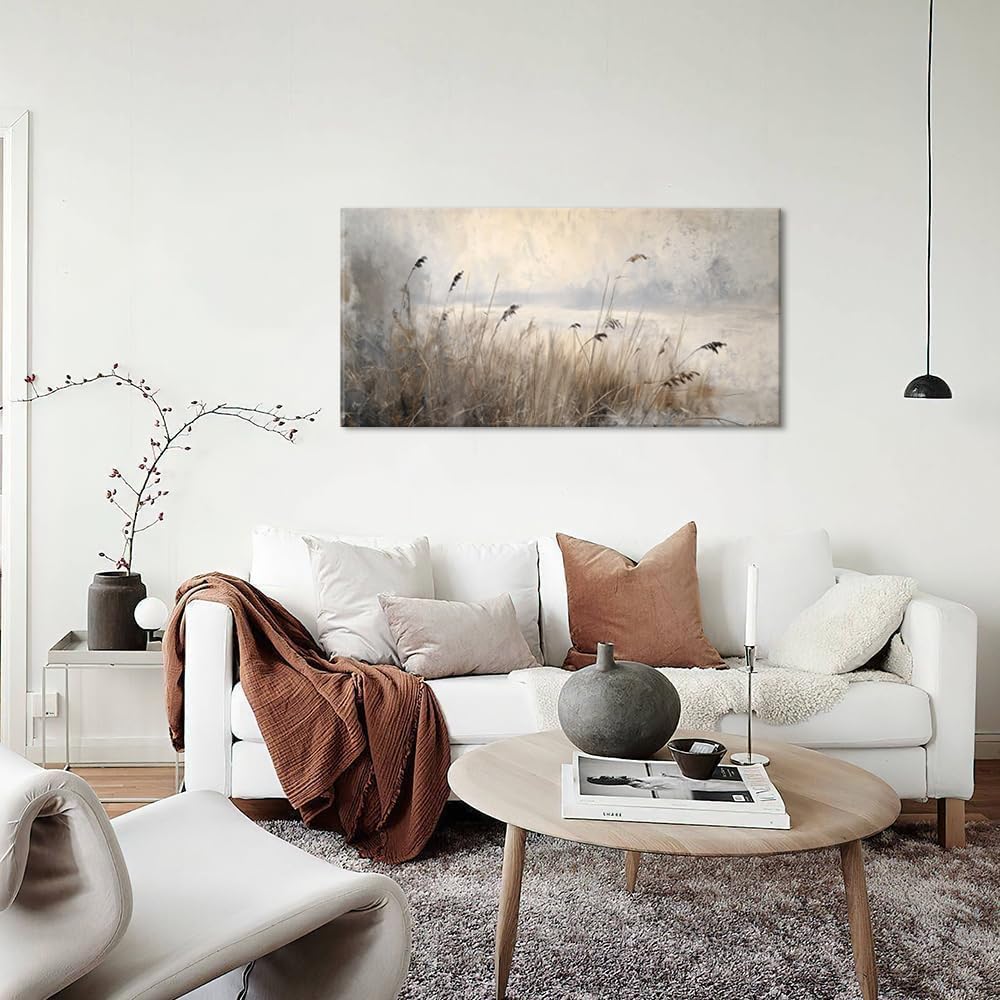 LASMOND Vintage Meadow Wall Art for Living Room Reed Grass Canvas Painting Prints Large Retro Rustic Cottagecore Countryside Landscape Farmhouse Bedroom Artwork Home Decor (30x16 Inches)