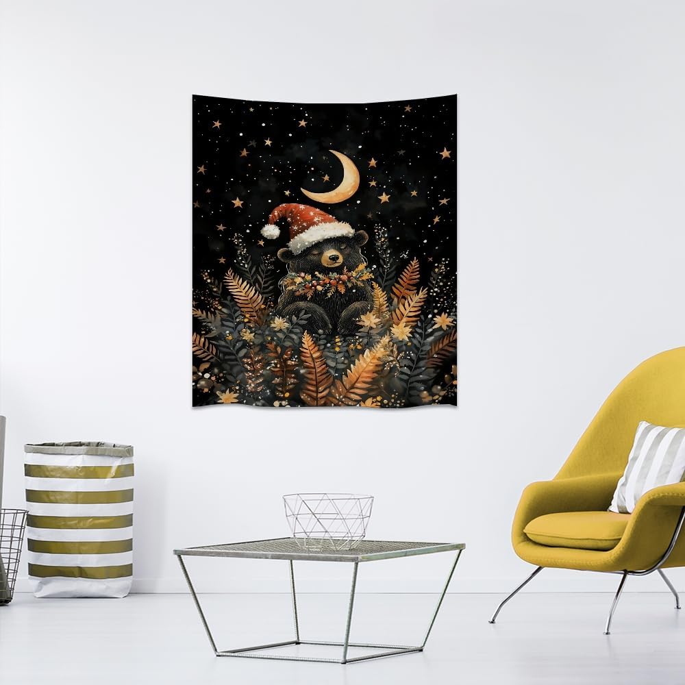 Whimsical Christmas Tapestry Moon Stars Dark Aesthetic Wall Hanging Decor Cute Bear Tapestries for Kids Room Decoration Funny Christmas wall art for Bedroom Dorm Living Room 60x80inch