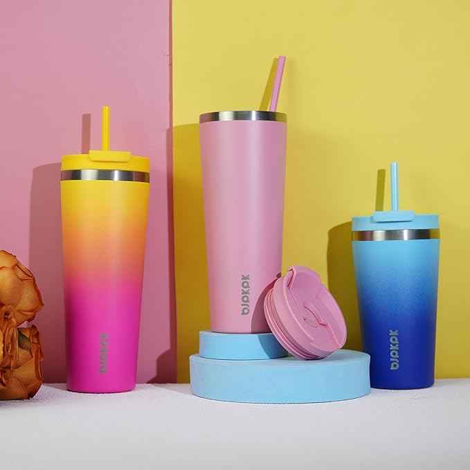 BJPKPK 22oz Stainless Steel Insulated Tumbler With lid And Straw Travel Coffee Thermal Tumblers Cup For Women And Men,Pink Yellow Rose