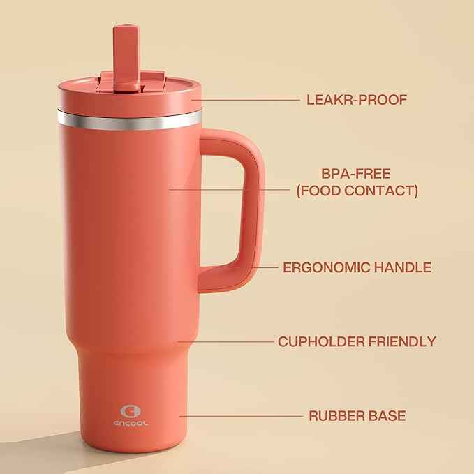 ENCOOL 40 oz Tumbler with Handle and Straw: Stainless Steel Insulated Tumbler Keeps Cold for 24 Hours, Leakproof Travel Cup Fits in Cup Holder and BPA-Free,Tawny Orange