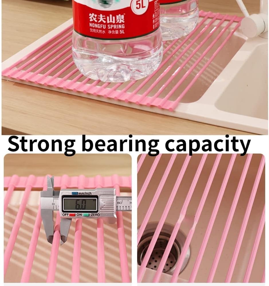 BeyondNice Roll Up Dish Drying Rack, Sink Drying Rack Over Sink Dish Drying Rack Stainless Steel Foldable Drain Rack for Kitchen Sink Counter Utensils Vegetables and Fruits (Large, Black)