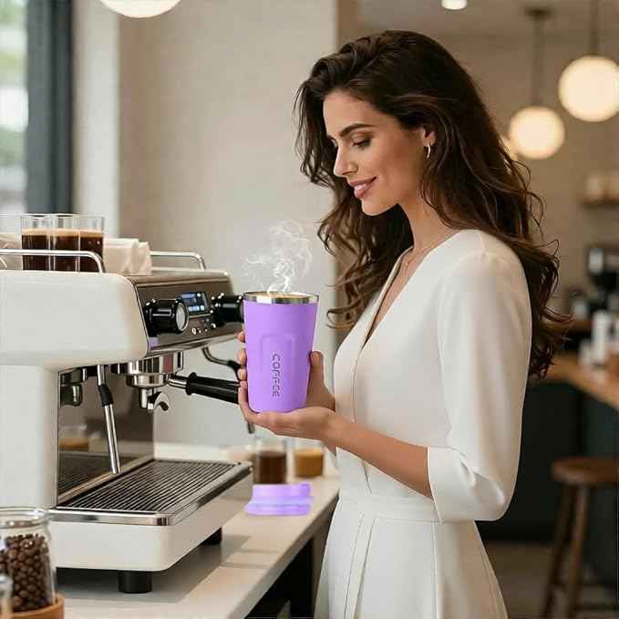 SPLMIFA Travel coffee mugs leak-proof, reusable coffee cup with lid, stainless steel vacuum insulated coffee tumblers, thermal insulation cups for men & women keep drinks hot & cold (2nd-Purple, 12OZ)