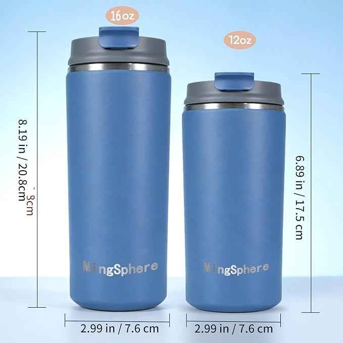Travel Coffee Mug with Lid, 12 oz Insulated Tumbler, Leak Proof Stainless Steel Cup, for Hot Coffee, Iced Tea & Water, BPA Free, Car Cups Holder Friendly, Blue