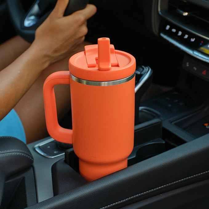 32 oz Tumbler with Handle and Straw: Stainless Steel Insulated Tumbler Keeps Cold for 24 Hours, Leakproof Travel Cup Fits in Cup Holder and BPA-Free,Moderate Orange