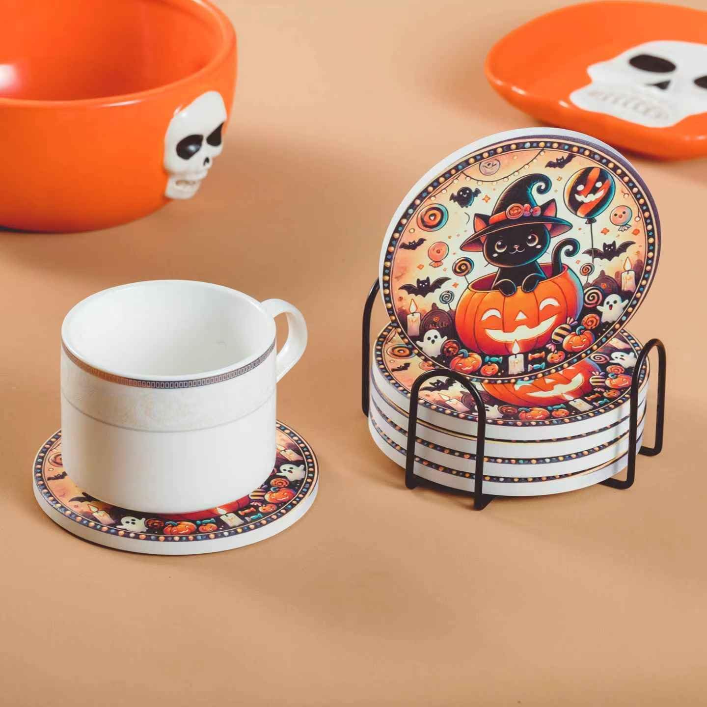 Halloween Ceramic Coasters Set of 6 with Holder β Black Cat in Pumpkin Design β Non-Slip Absorbent Drink Coasters for Halloween Party Decor and Gifts