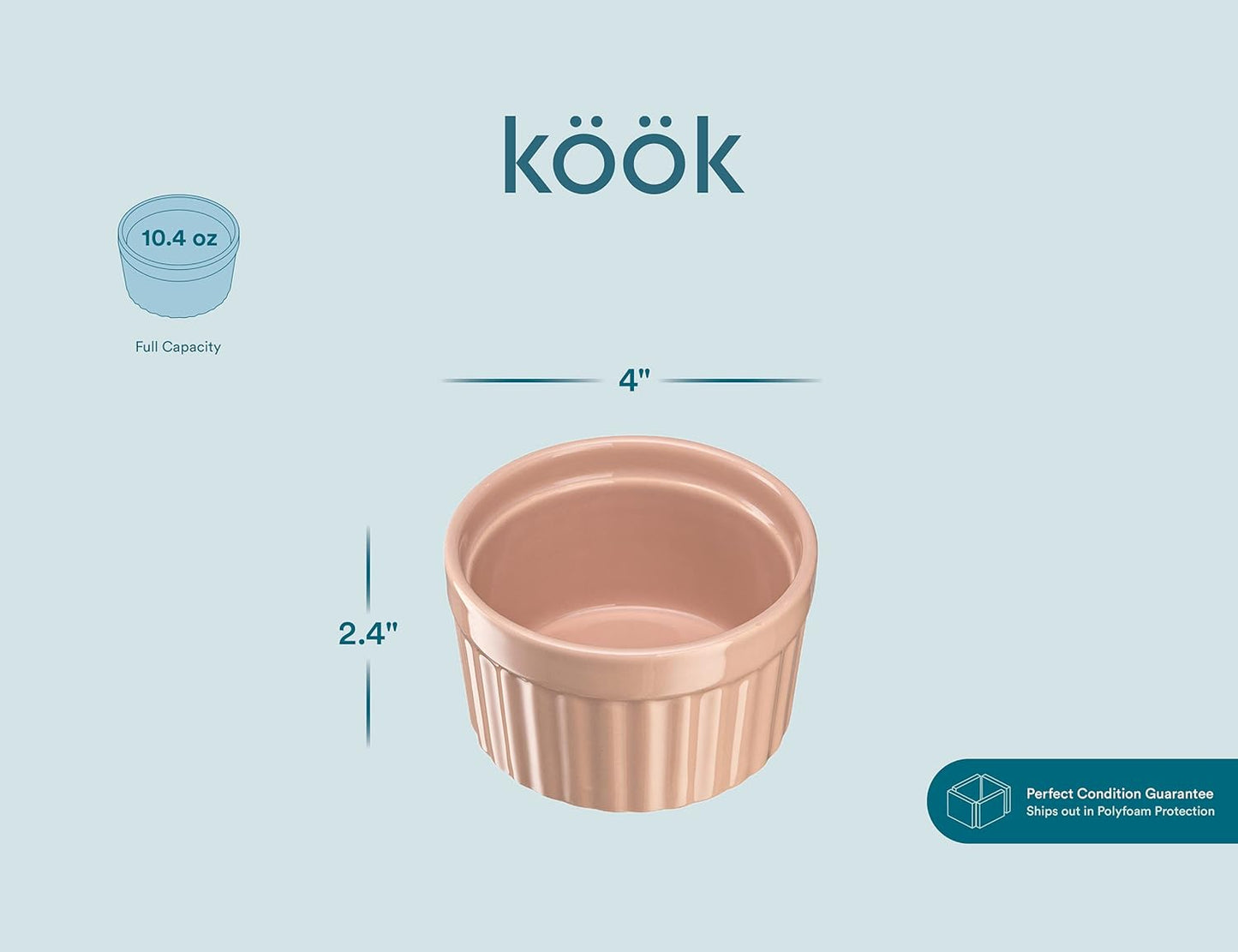 Kook Ramekins, Creme Brulee, Pink Ramekins, Set of 6 Porcelain Souffle Dishes, Oven Safe, for Baking Pot Pies, Lava Cake, Soup, 10 Oz (Dusty Pink)