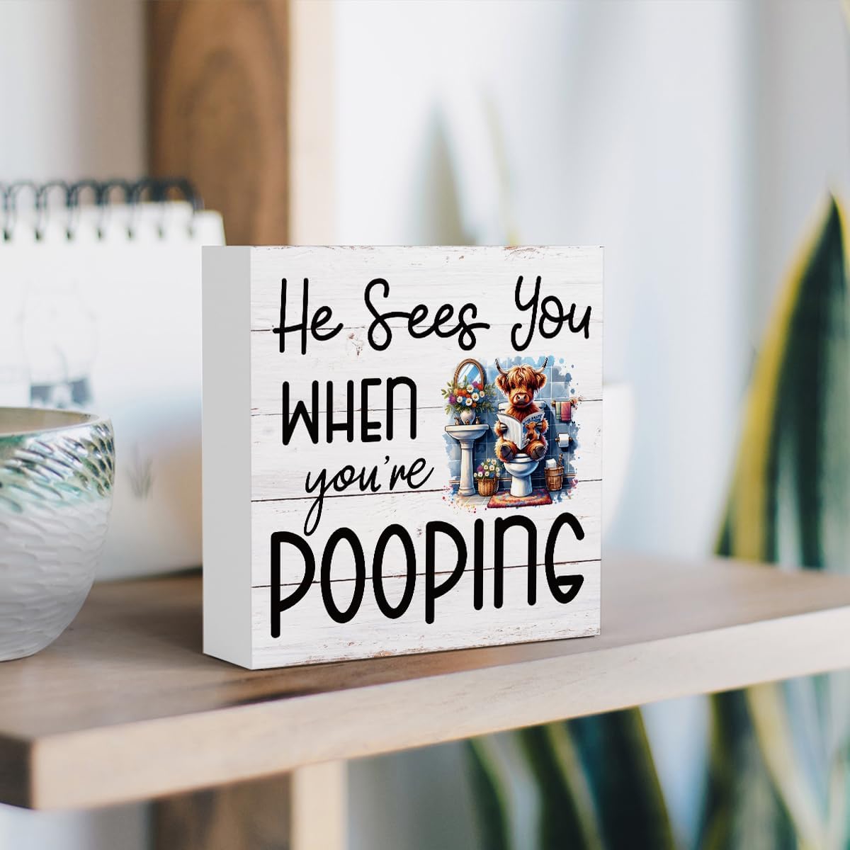 Funny Highland Cow Decor Memorial Day Fourth of July Independence Day Decorations Red White and Blue Decor, Rustic Farmhouse Home Office Wooden Box Sign for Bathroom - He Sees You When You're Pooping