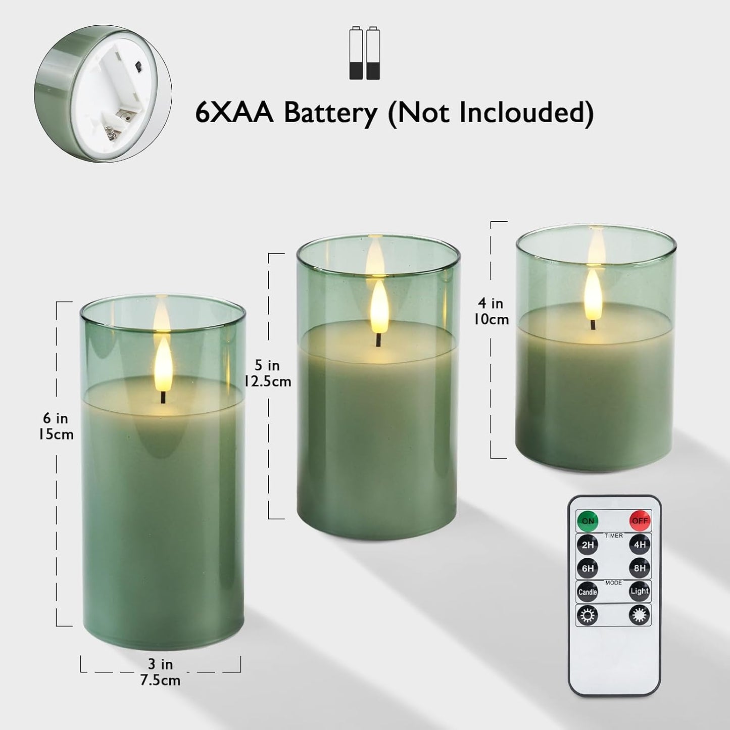 Amagic Green Glass Flameless Candles with Remote and Timer, Real Wax Battery Operated Candles, Flickering Electric LED Pillar Candles for St. Patrick's Day, Christmas Party Decor, Set of 3