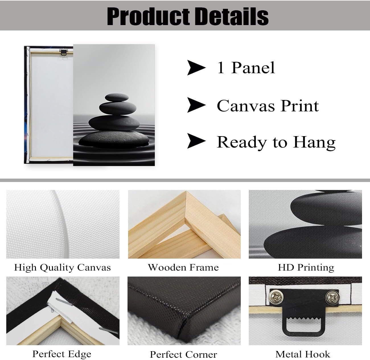 DOARTDO Zen Stone Canvas Wall Art Black and White Spa Stones Picture Print Modern Meditation Spirit Bathroom Decor Frame (16.00" x 24.00", Zen Stone - 1)