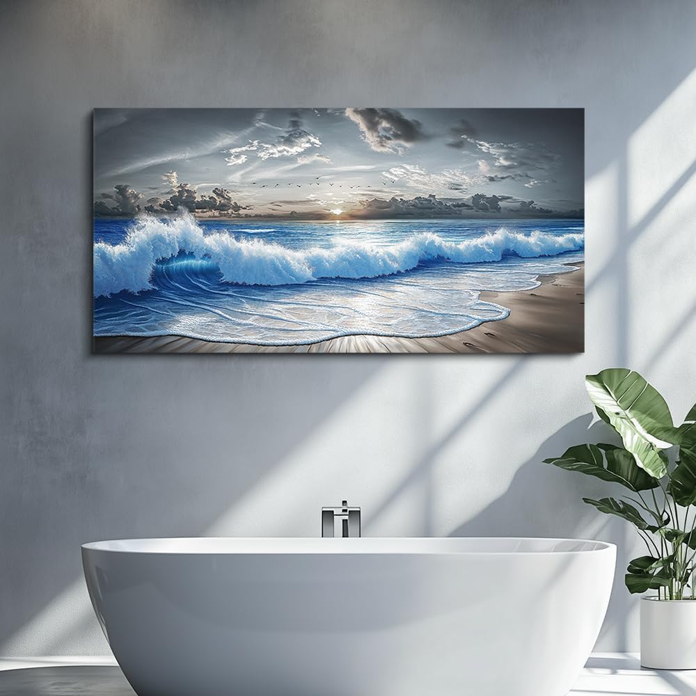 PHAOHUAXM Wall Decor For Living Room Wall Art For Bedroom Office Restaurant Decoration Black White And Blue Ocean Wave Landscape Painting Canvas Pictures Printing Artworks Modern Home Decor 20"X40"