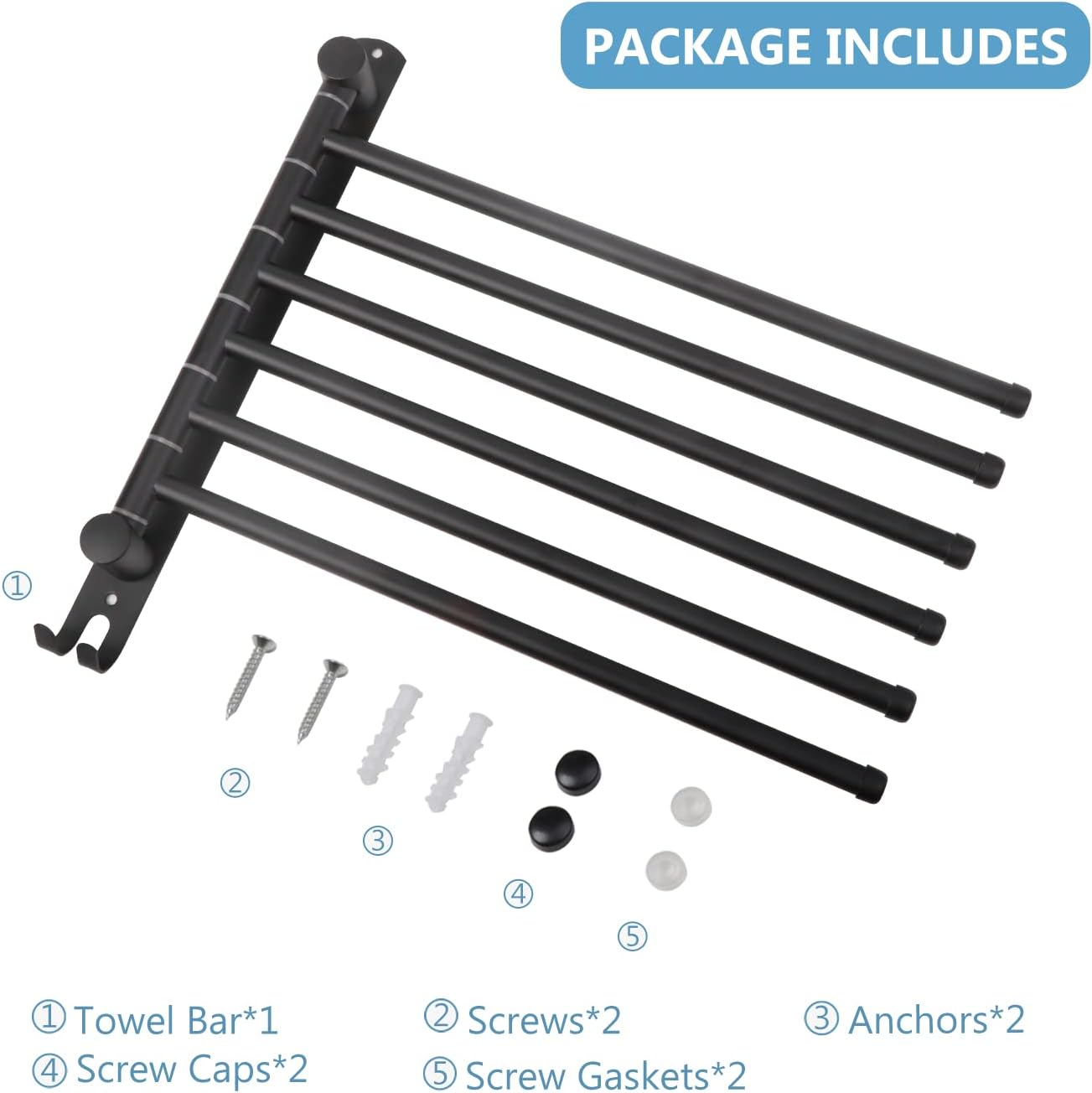 Space Saving Towel Rack JSVER Black Space Saving Towel Holder, Towel Rack Wall Mounted, Swivel Hand Towel Holder, 6-Arms Towel Bar, Towel Racks for Bathroom - Lumora Casa