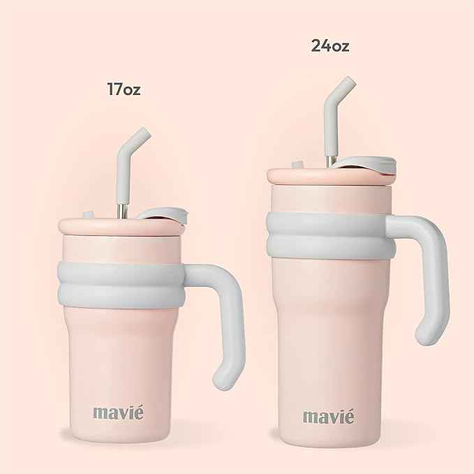 17oz Tumbler With Handle & Metal Straw + Silicone Cover & Sip Spout, Double Insulated Stainless Steel Water Bottle With Rubber Base, Leakproof Cup Holder Friendly Travel Coffee Mug (Light Pink)