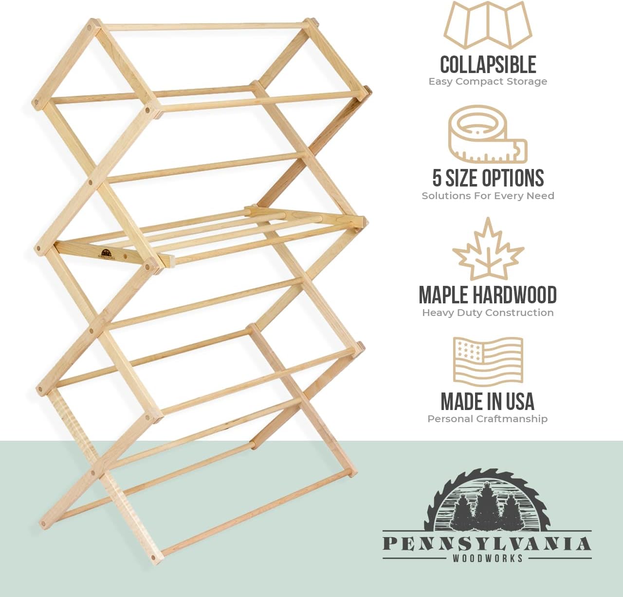 Pennsylvania Woodworks Clothes Drying Rack: Solid Maple Hard Wood Laundry Rack for Sweaters, Blouses, Lingerie & More, Durable Folding Drying Rack, Made in USA, No Assembly Needed, Medium