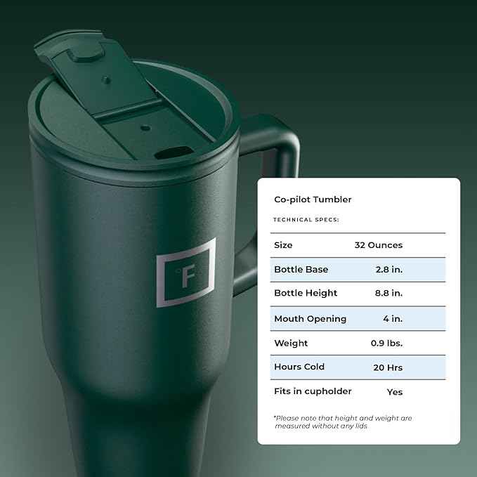 IRON °FLASK Co-Pilot Insulated Mug w/Straw & Flip Cap Lids - Cup Holder Bottle for Hot, Cold Drink - Leak-Proof - Water, Coffee Portable Travel Mug - Dark Pine, 32 Oz