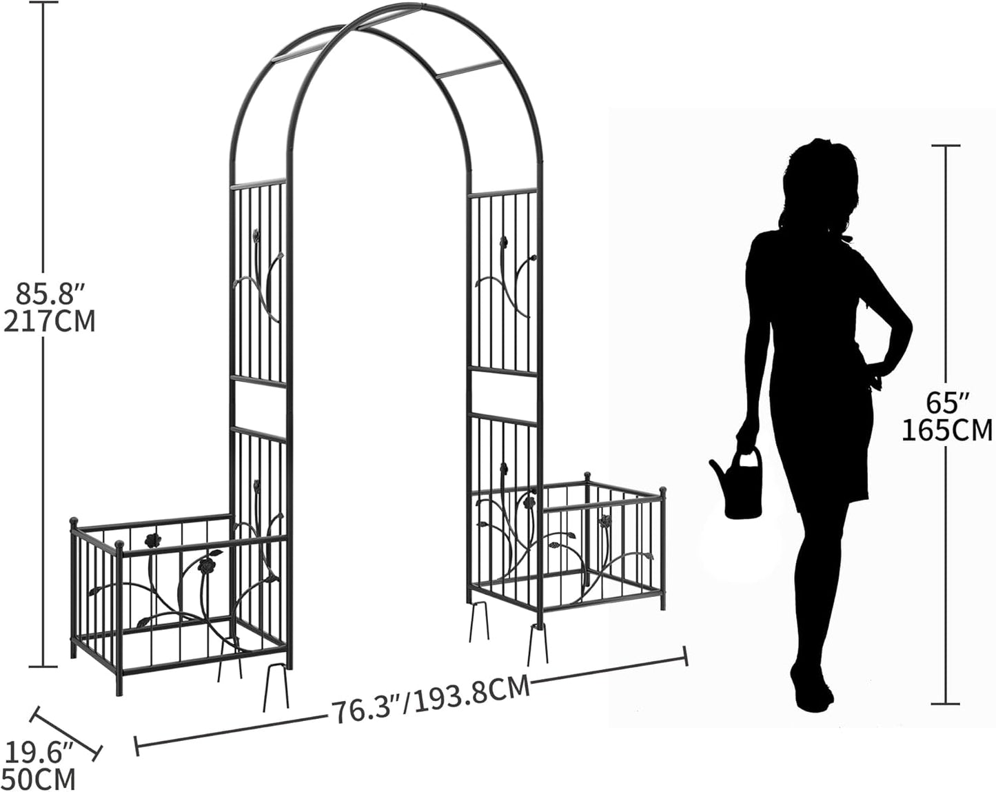 Garden Arbor with Planter Boxes 76" W x 86" H, Wedding Arches for Ceremony, Black Metal Garden Archway for Climbing Plants Outdoor Lawn, Patio and Backyard