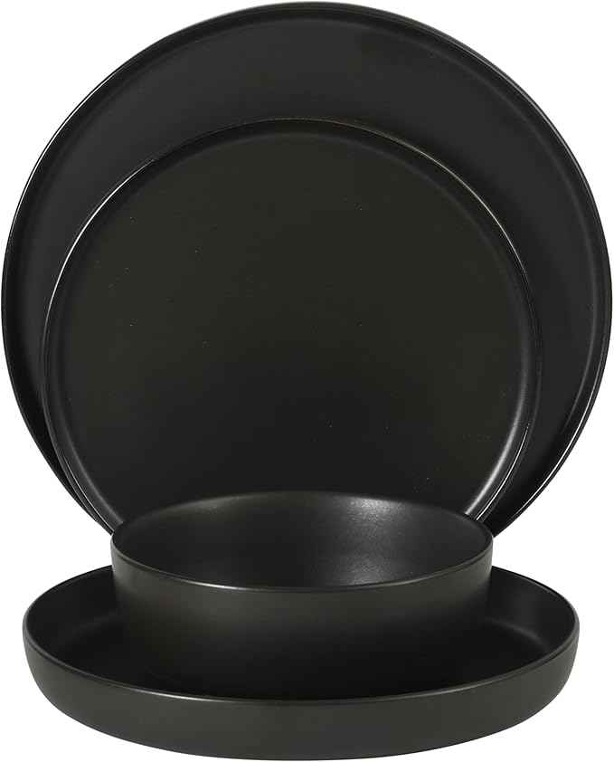 Gibson Elite Bayou Moon Plates and Bowls Sets, 16-Piece Black Matte Stoneware Dinnerware Sets, Solid Color Reactive Glaze Dish Set