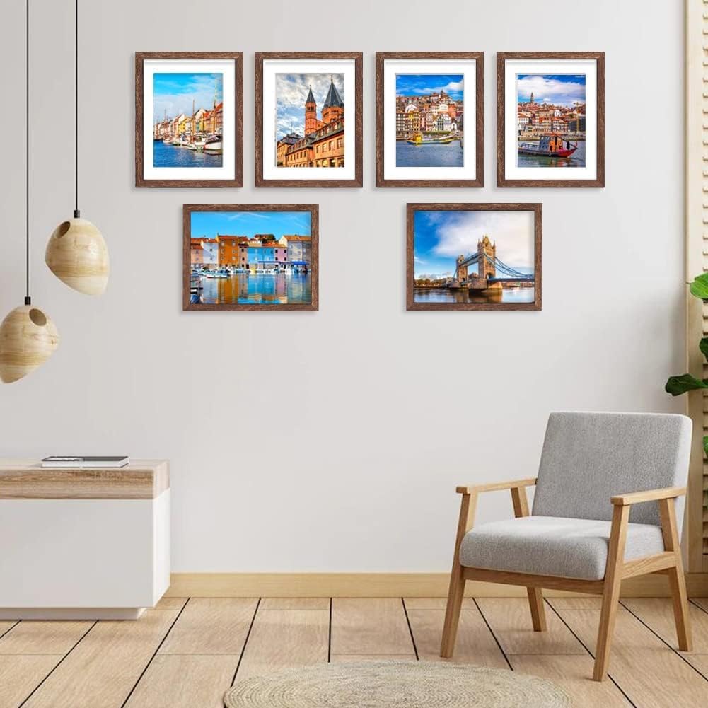 11x14 Picture Frame Set of 6, Display Pictures 8x10 with Mat or 11x14 Without Mat for Wall Mounting,Rustic Brown