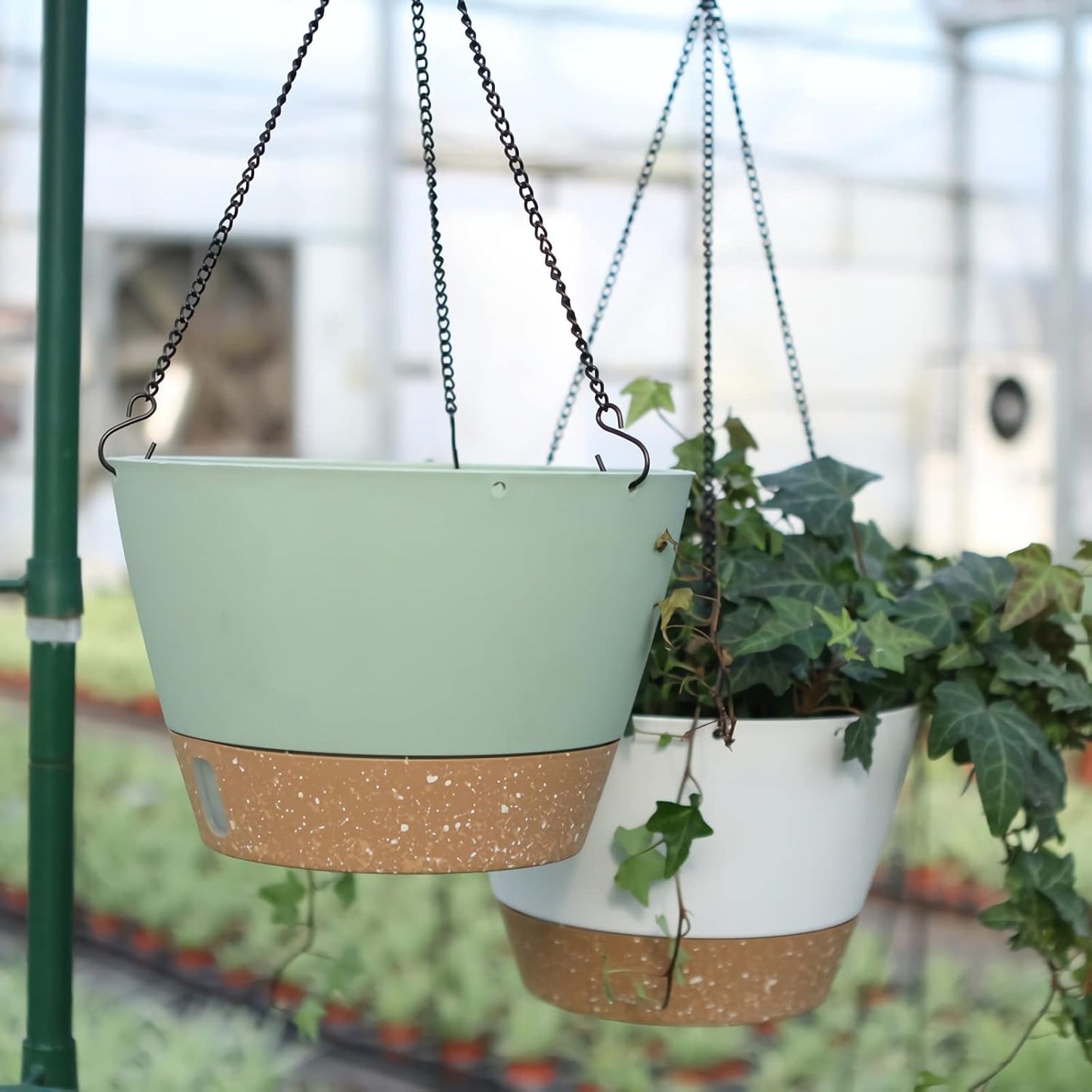ZMTECH 2 Pack 10 Inch Hanging Planters for Outdoor Plants, Hanging Pots for Plants Indoor with Visible Water Level, Hanging Flower Basket with Drainage Holes & Removable Tray(Green)