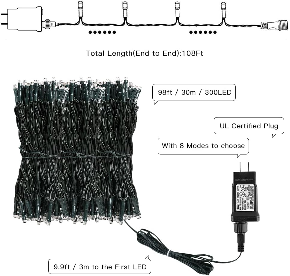AmyHomie Warm White Christmas Lights, 108Ft 300LED Plug-in Christmas String Lights,8 Modes Waterproof Fairy String Lights for Outdoor & Indoor Christmas Tree Home Patio Garden Party Wedding Decor
