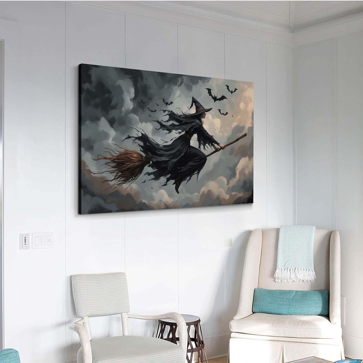 Witch and bat flying Halloween poster suitable for home party wall decoration retro Halloween preppy style wall art canvas print suitable for room decoration28x40in Wood Framed