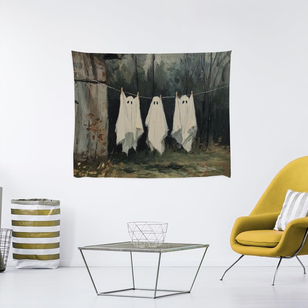 Vintage Halloween Tapestry Funny Ghosts on Clothesline Tapestry Wall Hanging Farmhouse Gothic Room Decor Spooky Ghost Prints for Dark Academia Halloween Party House Decoration Tapestries 70x90inch