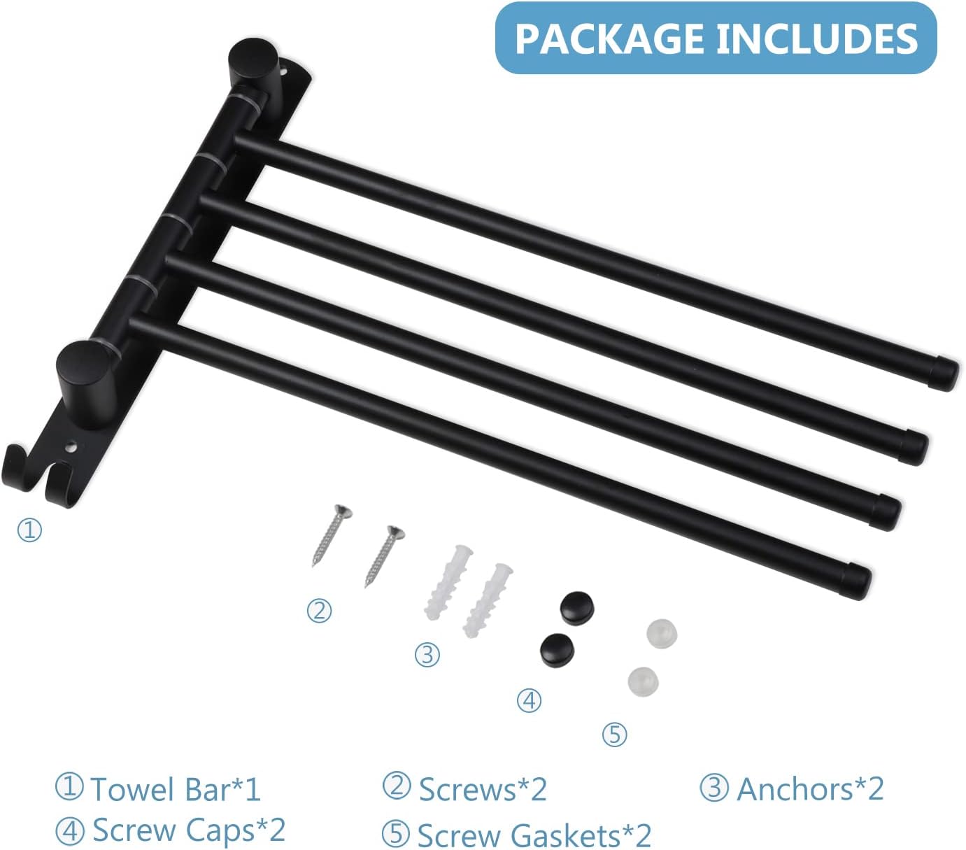 Black Towel Rack JSVER Swivel Towel Rack Wall Mounted, SUS304 Stainless Steel Towel Bar, 4 Arms Space Saving Towel Holder, Towel Racks for Bathroom - Lumora Casa