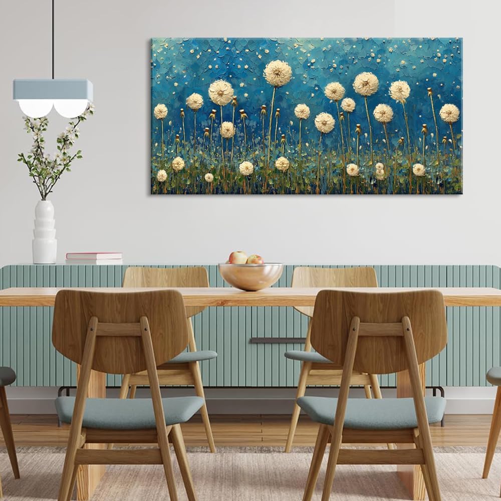 LASMOND Teal Dandelion Wall Art for Living Room Abstract Blowball Canvas Painting Prints Large Flower Floral Grassland Bedroom Decoration Modern Artwork Decor (40x20 Inches)