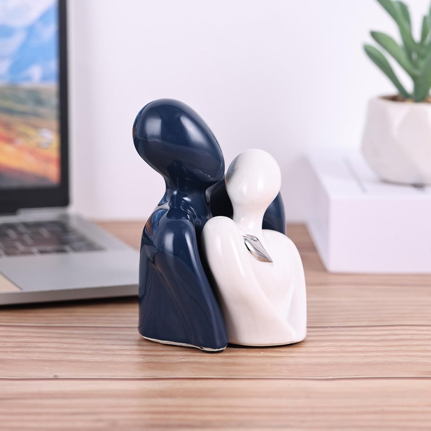Mini Couple Ceramic Small Statue, Romantic Couple Figurine for Home Decor, Tv Stand, Living Room Nick nacks, Dresser for Bedroom, Shelves, Valentine, Items for Wedding Decor (Blue White and Silver)