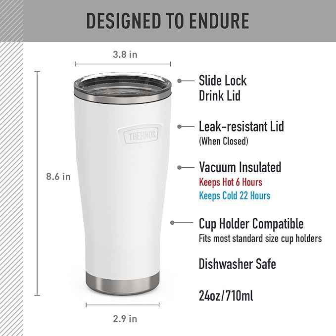 THERMOS ICON SERIES, Stainless Steel Cold Tumbler with Slide Lock, 24 Ounce, Snow