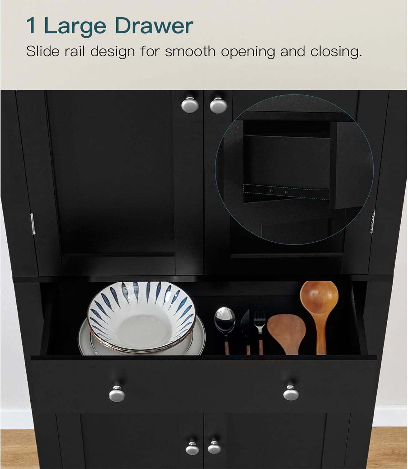 usikey 72” Kitchen Pantry Cabinet, Tall Storage Cabinet with 4 Doors and 1 Drawer, Freestanding Cupboard with 6 Hanging Shelves and Adjustable Shelves for Kitchen, Dining Room,Living Room, Black - Lumora Casa