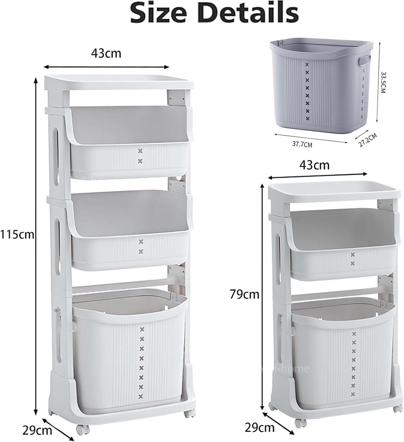 xixi-home 3-Tier Laundry Basket Organizer,Vertical Laundry Hamper Sorter with Wheels,Rolling Laundry Cart Dirty Clothes Hamper Removable Storage Basket for Dorm,Closet,Bathroom,Kitchen-White