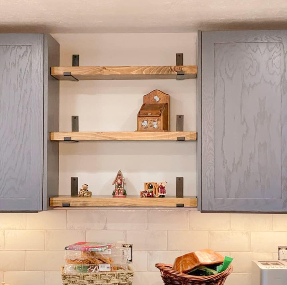 Rustic Shelves with J-Brackets Set of 2, Industrial Shelf, Kitchen Shelves, Solid Wood, Decorative Wall Storage, Heavy Duty, URBANDI (Brown, 48Wx12D)