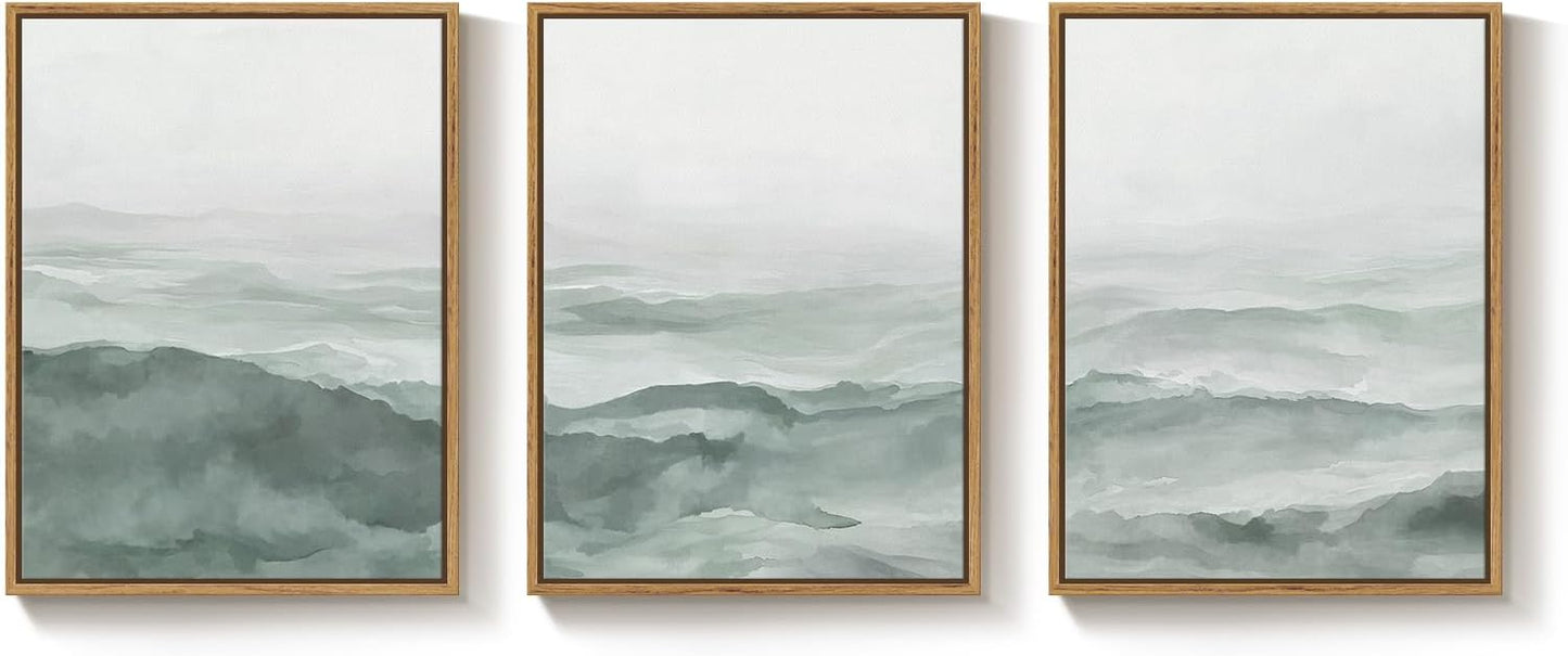 Framed Pastel Green Landscape Wall Art Bedroom, 3 Piece Minimalist Misty Mountain Scenery Canvas Artwork for Walls, Sage Green Paintings Prints Wall Decor for Living Room Home Office, 12x16 Inch