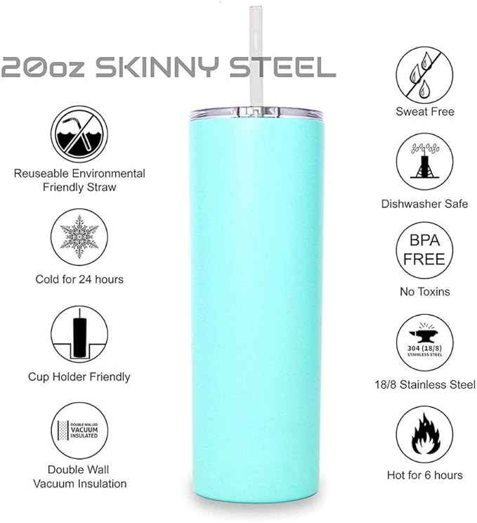 Double Wall 18/8 Stainless Steel Vacuum slim skinny tumbler with straw and lid, insulated travel mug keeping beverage cold and warm (white, 20oz)